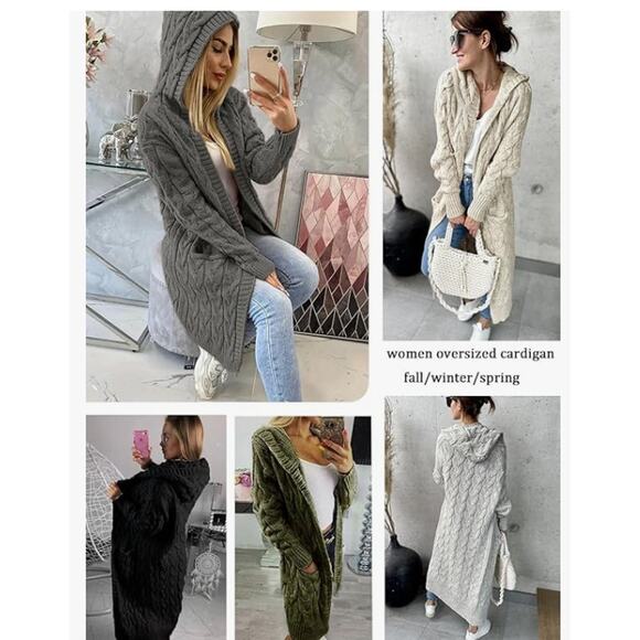 Hooded Long Cardigan Cable Knit Sweater Pocket Oversized Chunky SIZE SMALL - Picture 5 of 6